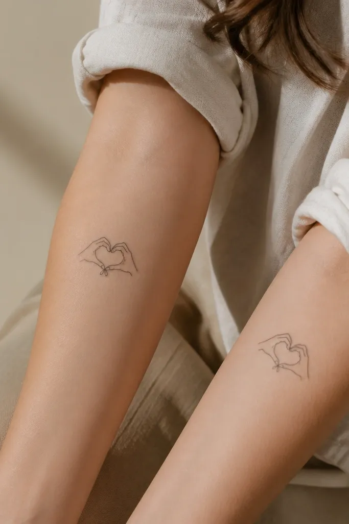 Inner forearm: two small heart shapes formed by hand silhouettes. Each tattoo has a slightly different knot detail at the base of the heart - one has a small thumb loop, the other has a tiny twist line.