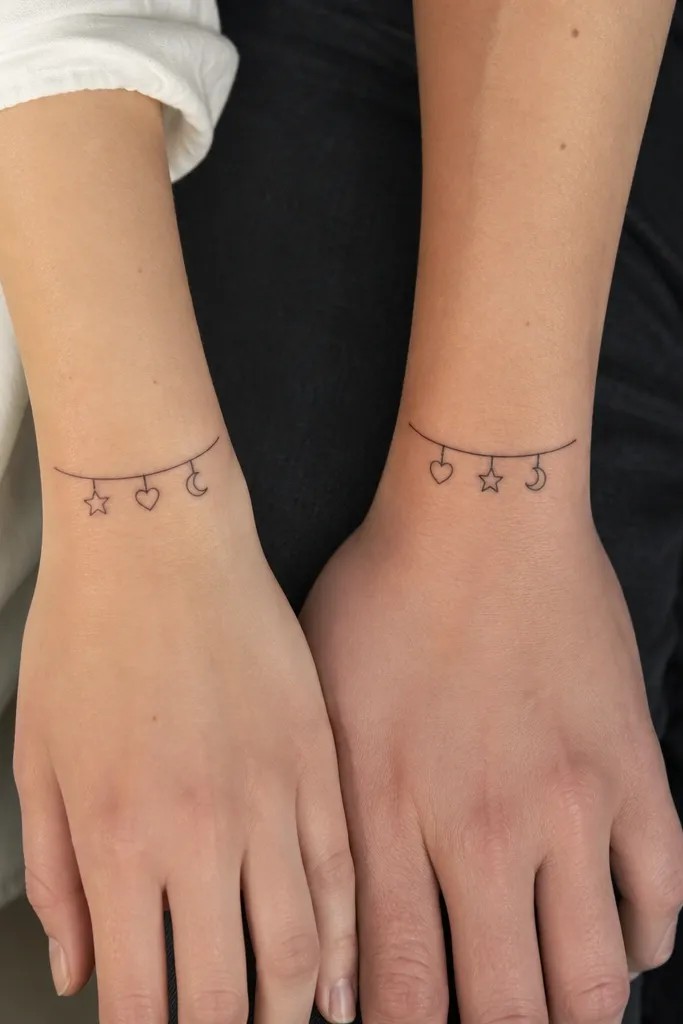 Wrist top side: three small charm icons hanging from a simple bracelet bar. Both tattoos have the same charms, but the order is swapped - one has a star first, the other has a heart first.