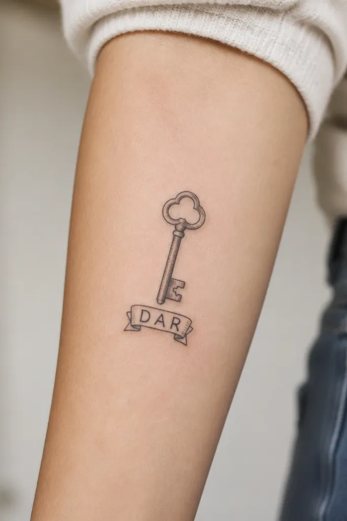 Side of forearm: a small key with a rounded bow. A short banner ribbon sits under the key with two to four letters printed in bold block style.