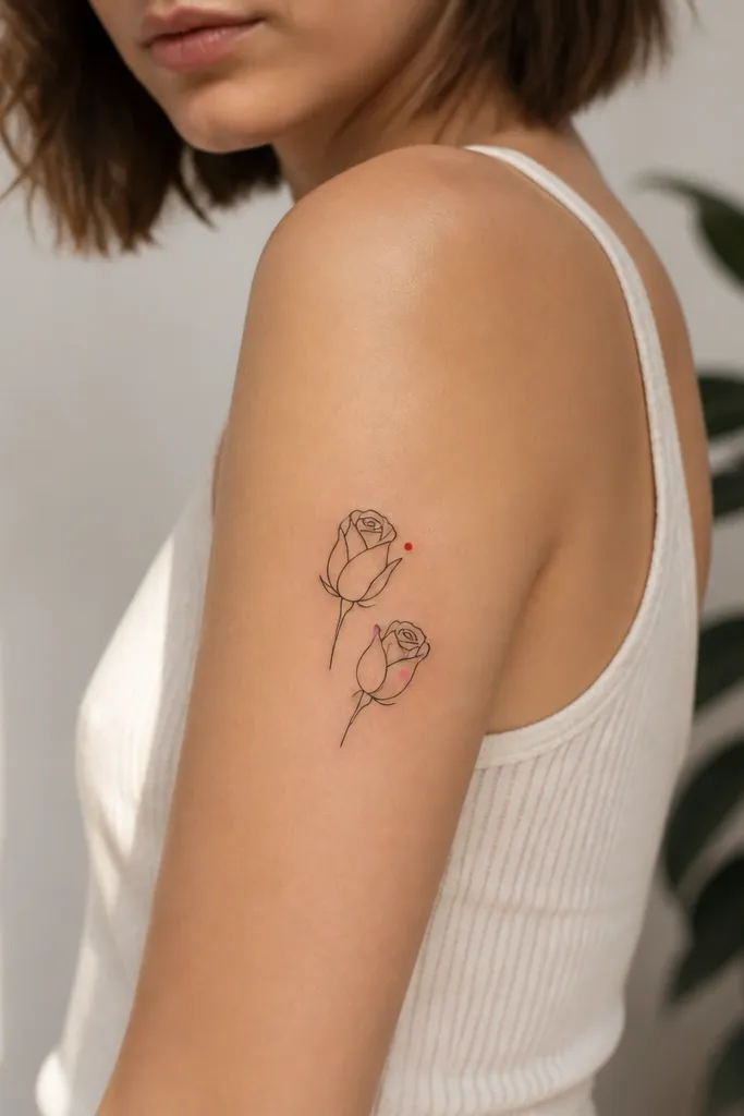 Upper arm outer: two small rosebud outlines with a few curved petals. Each rose has one tiny colored dot highlight - one dot is red, the other is pink.