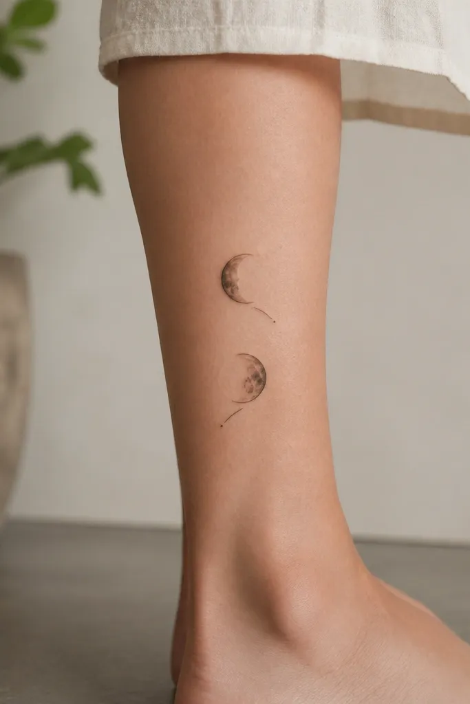 Calf outer: two moon phase icons arranged in a vertical stack. Each has a tiny comet tail drawn as a short curved line, but the comet points in opposite directions.