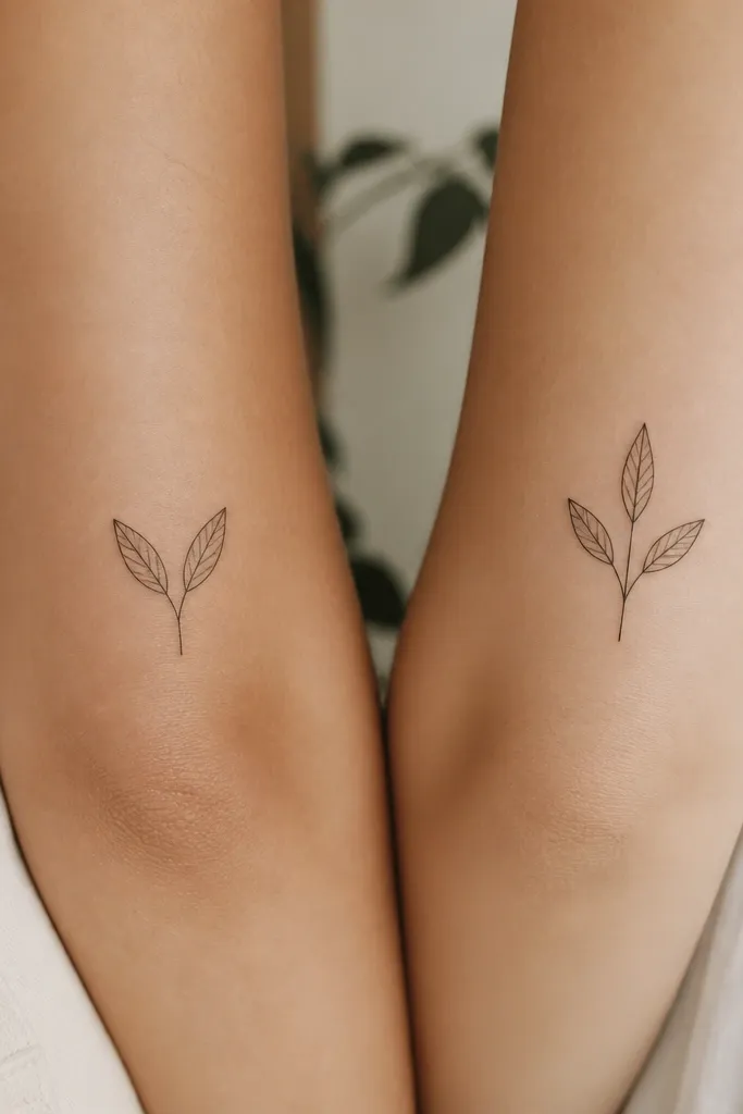 A matching set of fine-line botanical tattoos: one shows two mirrored leaves and a tiny stem, the other shows three mirrored leaves with the same leaf shape. Both are black ink with no fill, placed vertically like a small sprig.