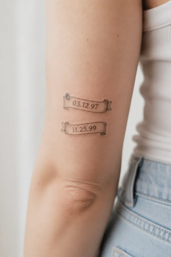 Two small banner tattoos in black script with a thin outline: each banner has a short date in the same font. One banner has a small birthstone-colored dot or teardrop near the top corner.