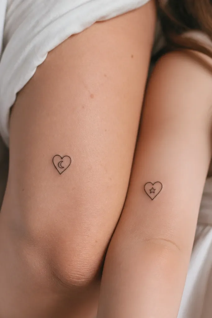 Two hand-drawn heart outline tattoos in black: the mom's heart contains a tiny crescent moon inside, and the daughter's heart contains a small star. The hearts have slight unevenness like real ink on paper.