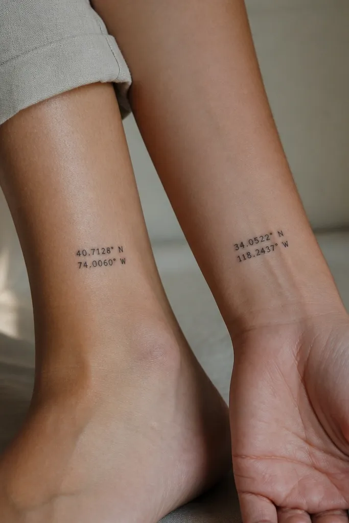 Two small coordinate tattoos in black numbers with a clean typewriter-like font. Each has the same font weight and line thickness, placed vertically near the inner ankle and on the outer wrist.
