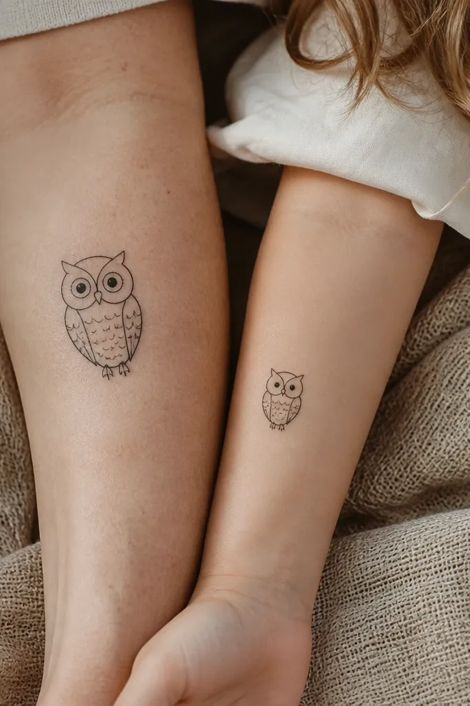 Two small owl tattoos in black linework. Both have oversized eyes with the same almond shape; the mom's owl has a slightly larger beak and one wing tucked, while the daughter's owl has smaller wing lines.