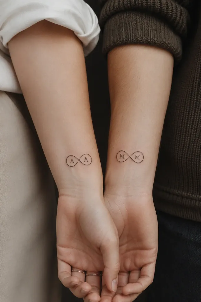 Two small infinity symbol tattoos in black with clean smooth lines. Inside each loop sits a tiny initial letter in a simple serif style, centered and evenly spaced.