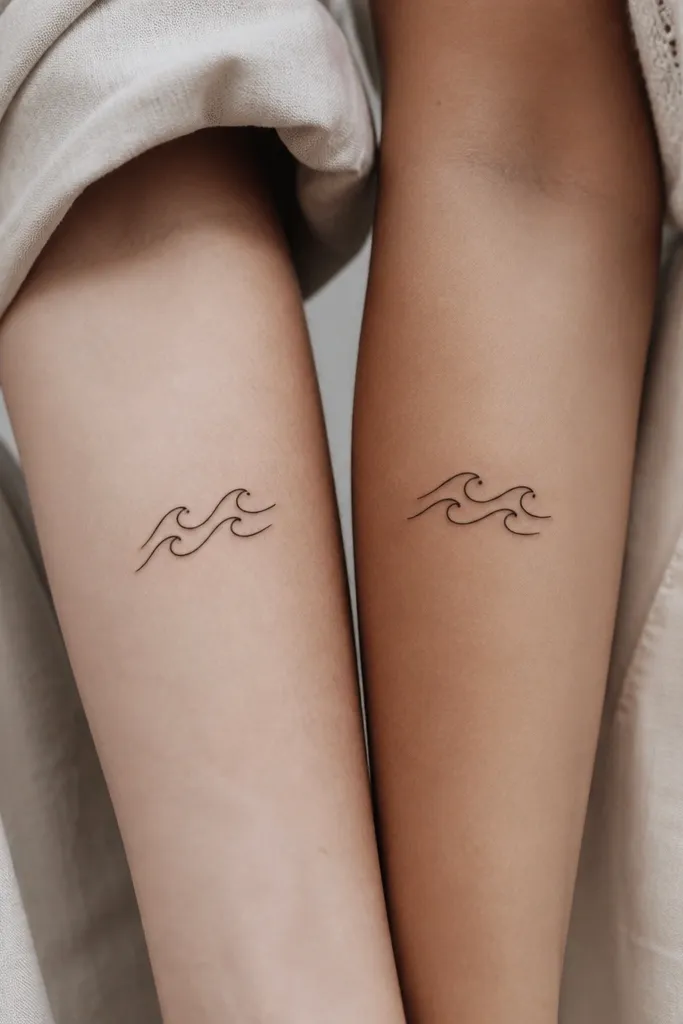 Two minimalist wave tattoos in black: each shows three curved lines like gentle ocean waves. One wave includes a tiny crest dot at the top; the other crest dot matches placement.