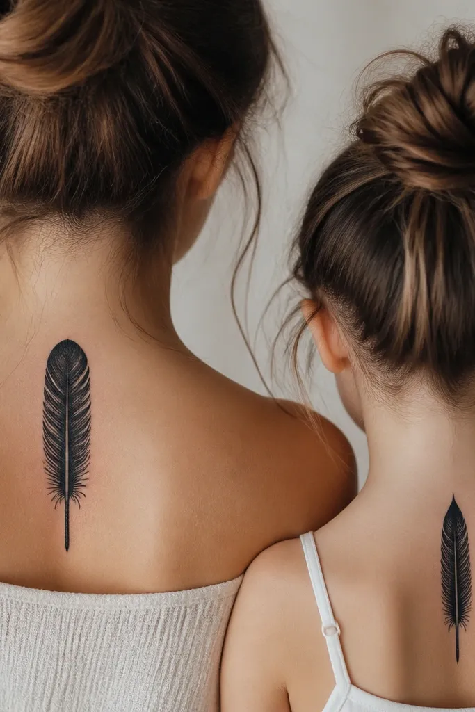 Two feather tattoos in black silhouette style. The mom feather has a rounded tip, while the daughter feather has a slightly pointed tip. Both have the same feather shaft thickness and the same central vein line.