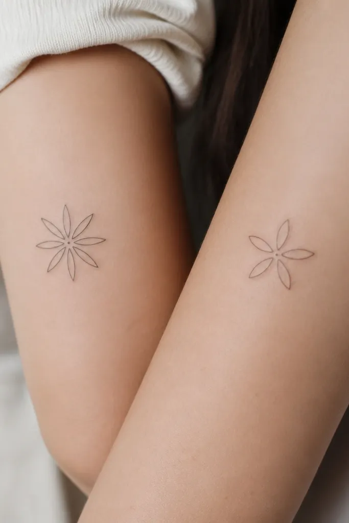 Two small tattoos showing a floral burst in black linework. The petals are mostly negative space, outlined lightly, with a tiny dot center. One has 7 petals, the other has 5 petals.