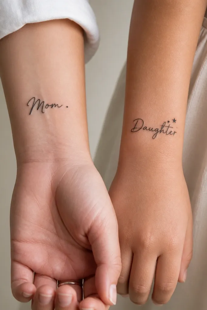 Mom tattoo on the inner wrist: a short word in clean black script with a small dot accent after it. Daughter tattoo on the outer wrist: the matching second word in the same font, plus two tiny stars between the letters.
