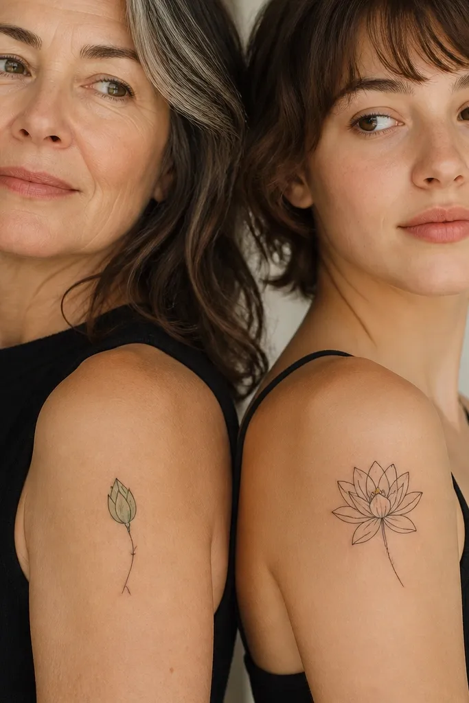 Mom has a single bud tattoo on the upper arm in fine-line black with one pale green wash inside the bud petals; daughter has the same flower species but in full bloom with crisp black petals and a tiny gold dot in the center.