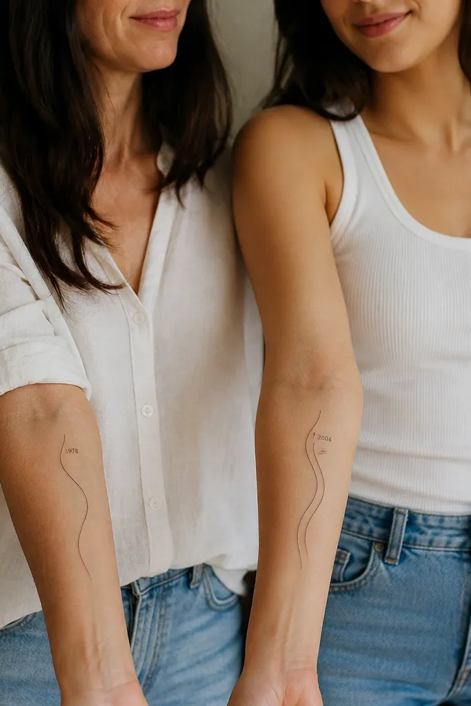 Two matching curved line tattoos on the outer forearms: mom has a single flowing river line with a small year number placed like a label near the top; daughter has two parallel river lines with the same number style but a different year and a tiny river ripple mark near the curve.