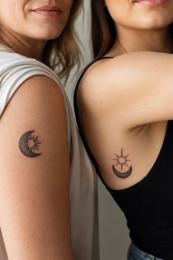 Mom tattoo on outer upper arm: a simple black moon with a small sun peeking from behind it. Daughter tattoo on inner upper arm: the same elements but rotated so the sun sits above the moon and the sun rays are fewer and longer.