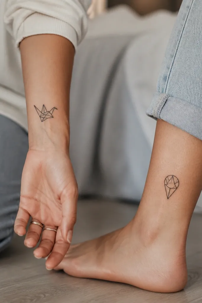 Mom tattoo on the side of the wrist: a black paper crane with angular folds. Daughter tattoo on the outer ankle: a minimal map pin outline with the same angular fold lines inside the pin.