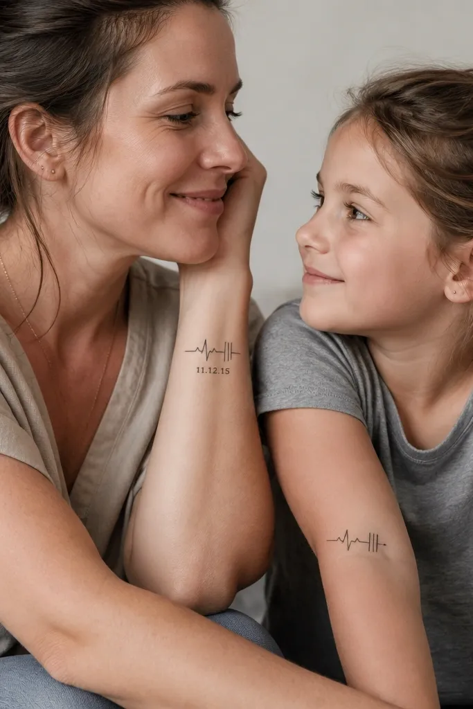 Mom tattoo on inner forearm: a thin black heartbeat line with two small vertical bars at the end and a date in tiny numbers below. Daughter tattoo on outer forearm: the same heartbeat line pattern but with three small vertical bars and no date, just a single dot at the end.