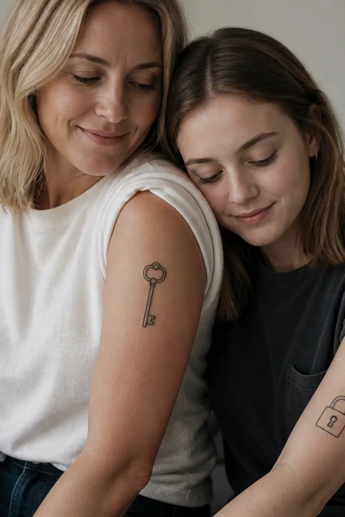 Mom tattoo on upper arm: a simple black key with a round bow and angular teeth. Daughter tattoo on forearm: a lock outline with the same angular teeth pattern drawn inside the keyhole.
