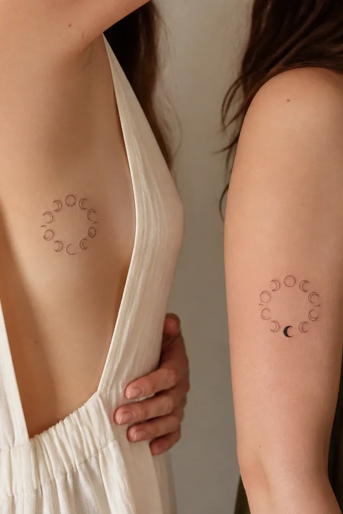 Mom tattoo on the upper rib side: a small circle wheel of moon phases in black linework, with one crescent intentionally left blank. Daughter tattoo on the upper arm: a matching wheel where the missing crescent is filled in with a single solid black crescent shape.