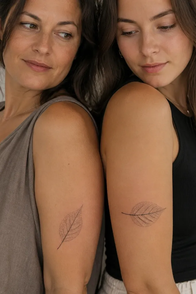 Mom tattoo on inner bicep: a small leaf skeleton drawn in fine black lines with one thicker vein. Daughter tattoo on outer bicep: the same leaf skeleton but rotated 90 degrees, with two tiny dot markers on two veins.