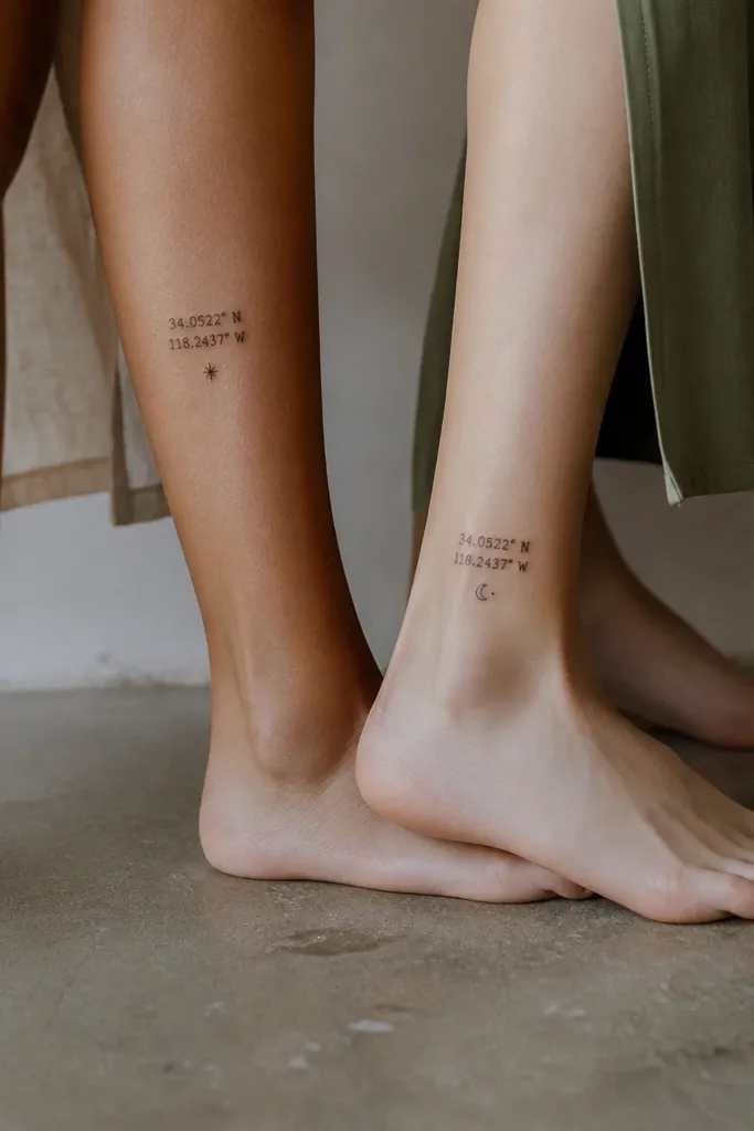 Mom tattoo on the side of the calf: latitude and longitude numbers in small black font with a tiny star icon next to them. Daughter tattoo on the ankle: the same coordinates numbers, but the star icon is replaced by a tiny crescent moon with a dot.