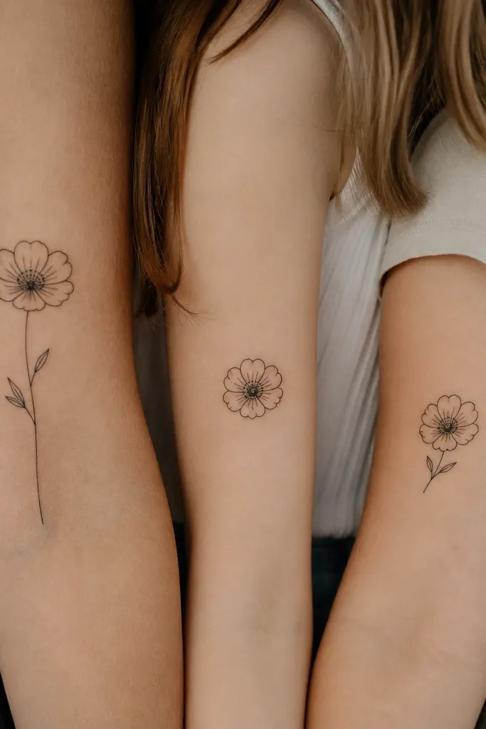 Three small flower tattoos: mom's 44 mm stem-and-bloom with a dark dotwork center. Daughter one has a 25 mm bloom with the same center dotwork pattern. Daughter two has a 25 mm bloom with matching center dots and a tiny leaf in the same position.