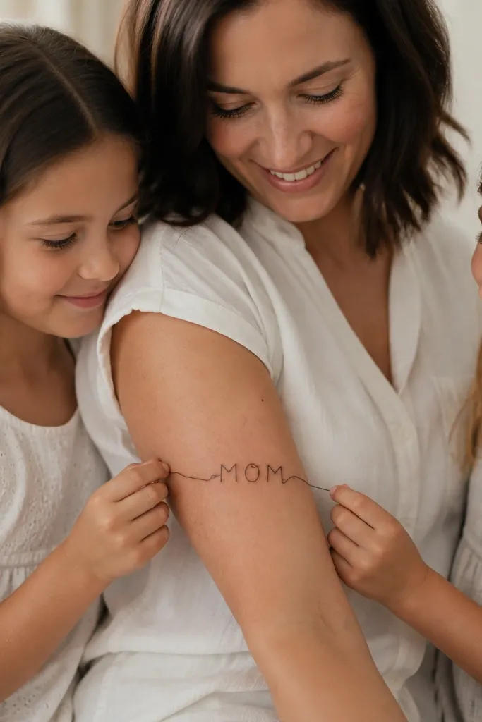 A thin ribbon line wraps around mom's upper forearm with the phrase "MOM" at the center. Daughter one has the left ribbon tail with "LOVE" partial letters. Daughter two has the right ribbon tail with the remaining letters, matching line thickness and curve.