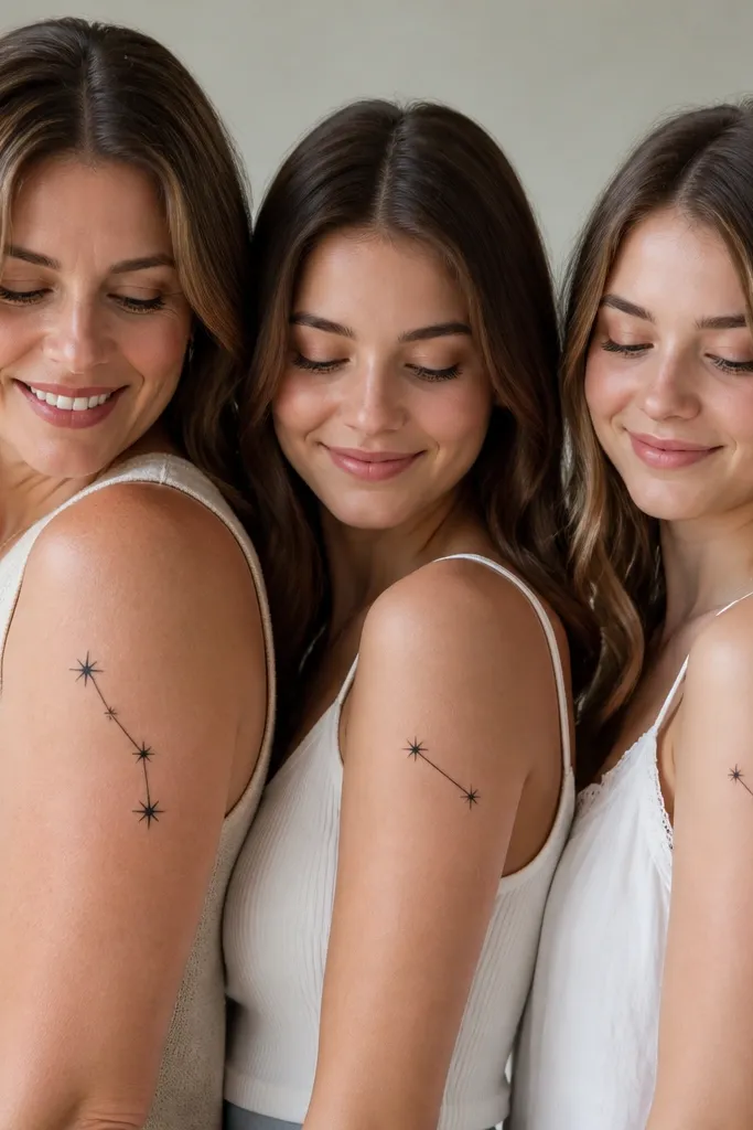 Mom has a 45 mm constellation over the upper arm with five connected stars; two stars are larger and three are smaller. Daughter one has a 26 mm version with only the two larger stars and connecting line. Daughter two has a 26 mm version with the three smaller stars and matching line style.