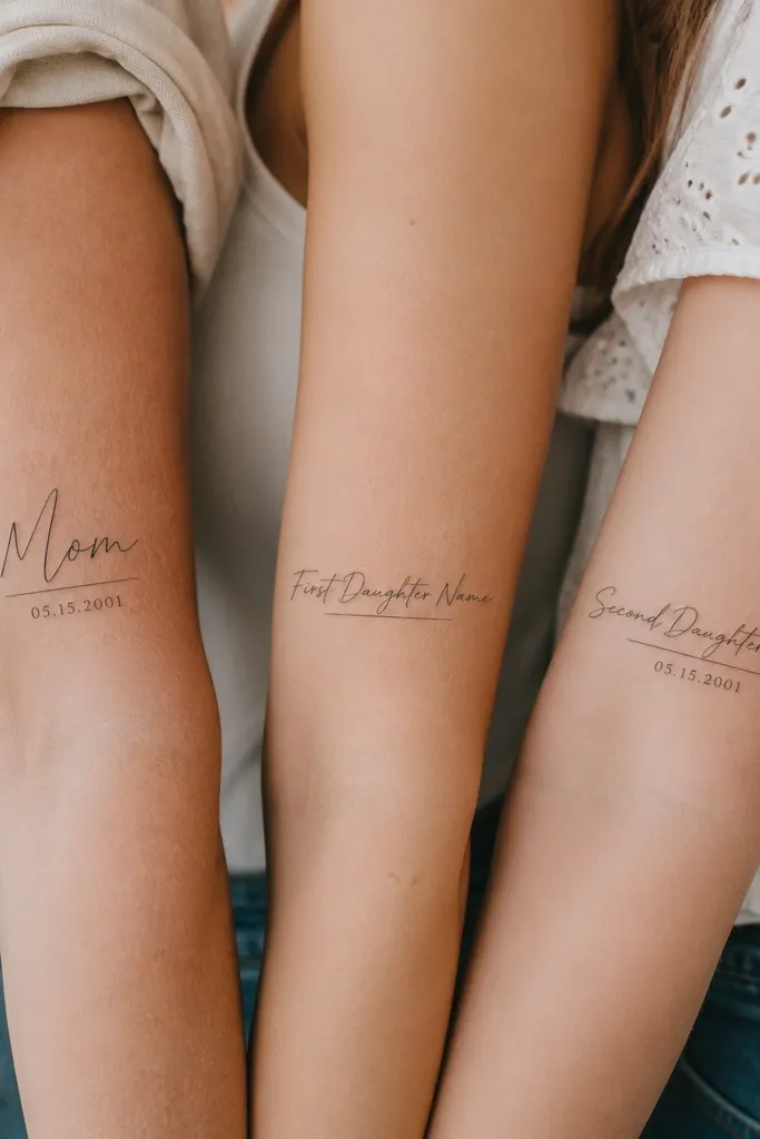 Mom has a 50 mm vertical script "Mom" with a thin underline and a small date beneath it. Daughter one has "First Daughter Name" in 28 mm script with the same underline line thickness. Daughter two has "Second Daughter Name" in 28 mm script with the date tucked under.
