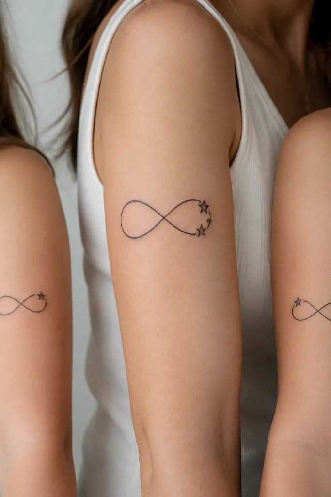 Mom has a 46 mm infinity symbol with two stars on the right loop. Daughter one has a 24 mm infinity symbol with one star on the right loop. Daughter two has a 24 mm infinity symbol with the other star on the left loop.