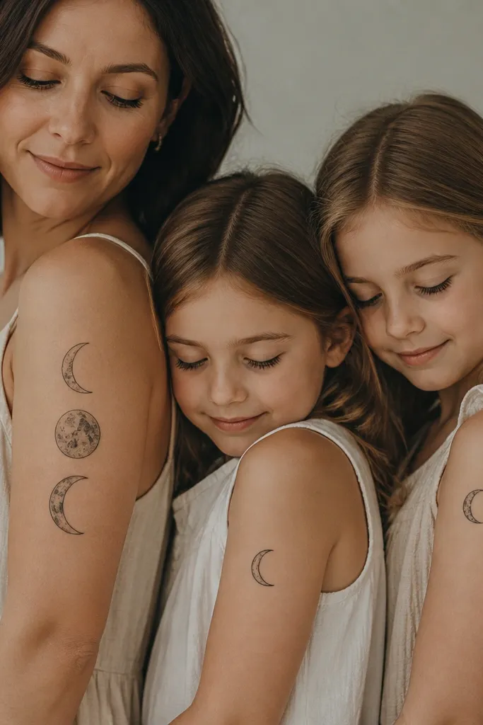 Mom has a 44 mm vertical set of three moon phases on her upper arm, with one crescent curve highlighted with thicker lines. Daughter one has a 26 mm single moon phase with the same crescent curve thickness. Daughter two has a 26 mm opposite phase with the same curve edge style.