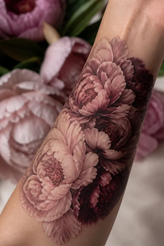 A peony cluster covering a forearm name with overlapping petals in muted blush pink, warm mauve, and deep plum shadows. Darker shadow blocks sit behind the petals.