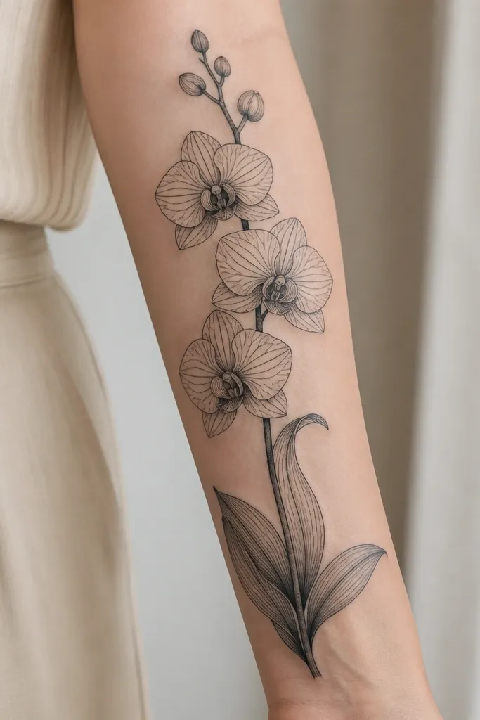A tall orchid on the inner forearm with crisp white orchid petals edged in light gray, and heavy black vein lines running through the flower and leaves.