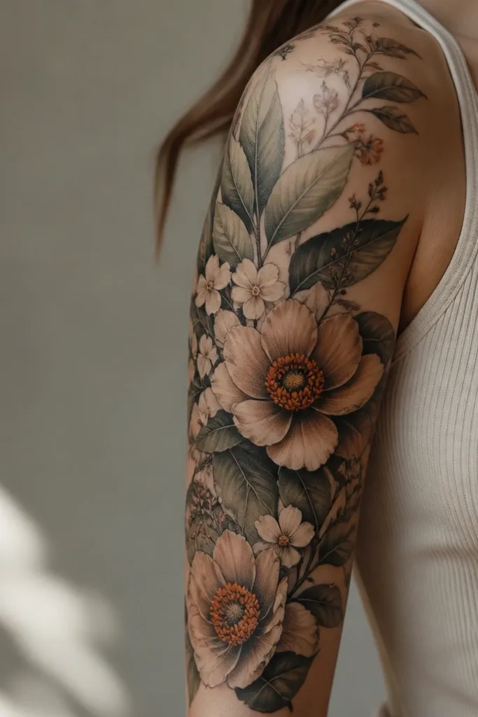 A partial sleeve with layered botanical leaves, small flowers, and marigold orange centers. The darkest areas are in the leaf shadows and flower centers.