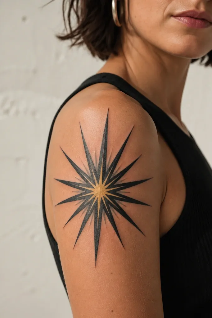 A bold starburst graphic on the upper arm with sharp triangular rays in black and dark gray, plus a small burst highlight in pale yellow near the center.