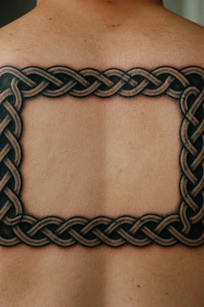 A thick Celtic knot border around the old name area, with interlacing bands filled in dark black and gray shading. The knot has a slightly rounded, rope-like texture.