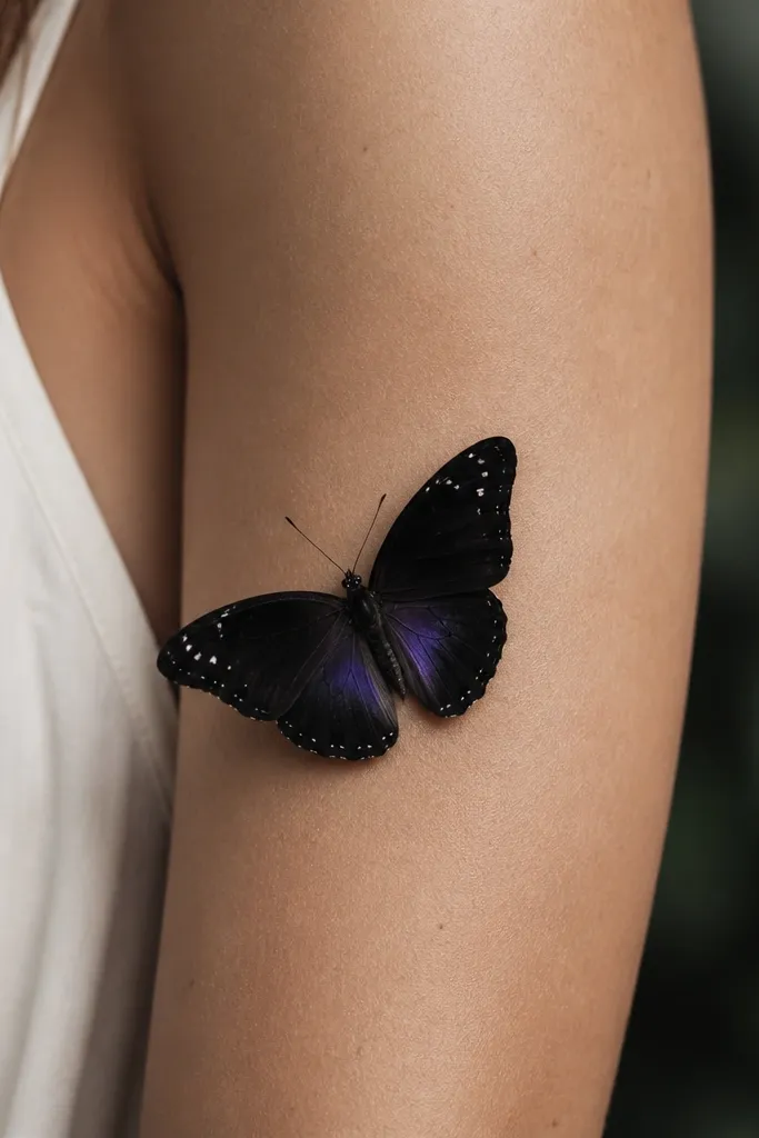 A butterfly on the outer arm with mostly black wings, subtle violet underfade near the inner wing edges, and a few fine white specks like tiny highlights.