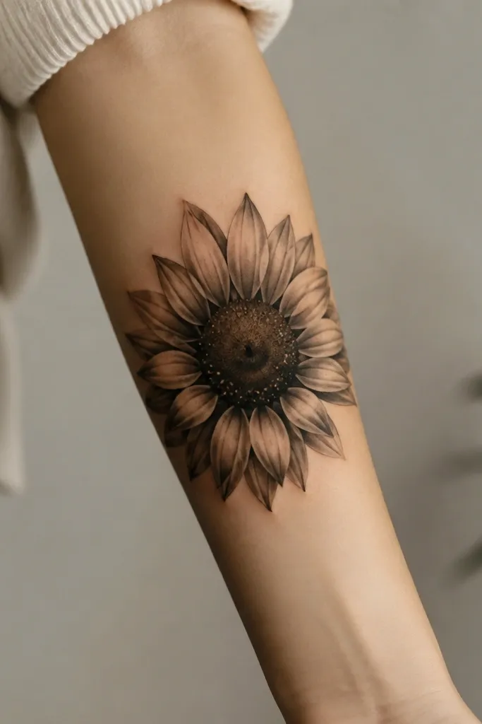 A sunflower on the forearm with charcoal gray petal shading, a dark brown center, and tiny speckled highlights on the petals.