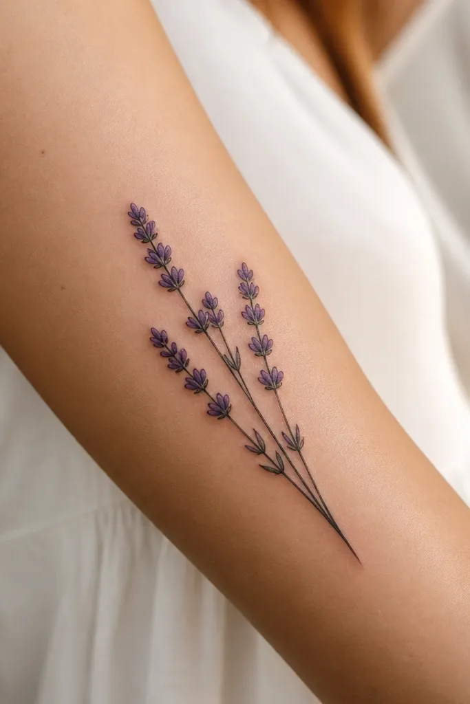 A lavender spray on the side of the forearm with multiple small purple lavender buds and a few deep black stem anchors behind the buds.
