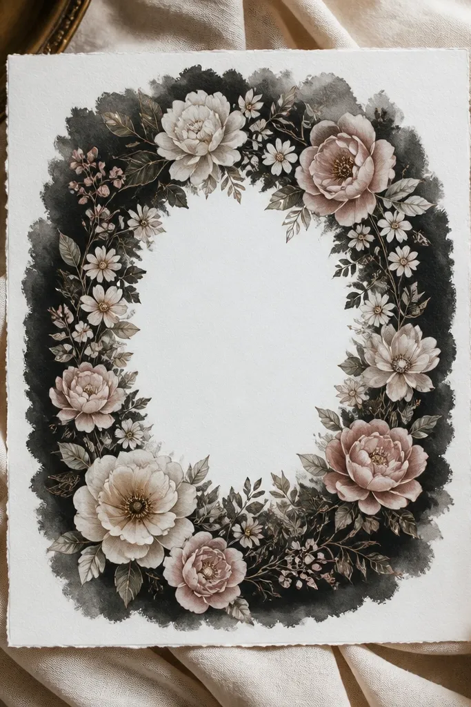 A floral frame around the old name area, with a black background wash behind the flowers and a few lighter gray outlines defining petal edges.