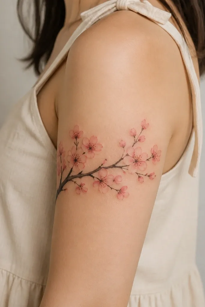 A cherry blossom branch across the upper arm with soft pink petals, dark gray shadow pockets in each bloom, and a few deeper black marks on the branch.