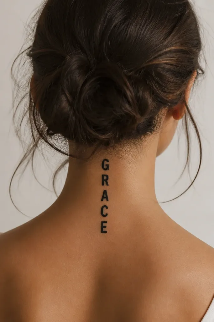 A vertical name on the nape, set in block letters with rounded edges. The baseline is straight, letters evenly spaced. Black ink with clean negative space between characters.