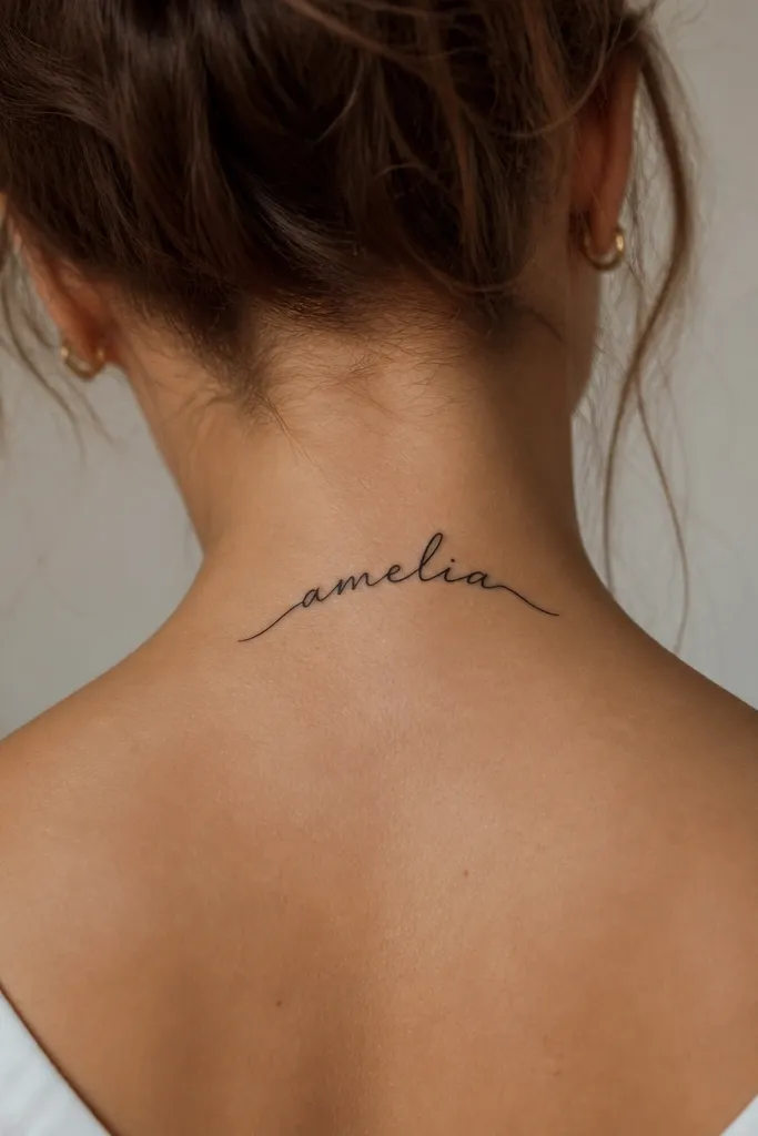 A name written in a gentle arc across the back of the neck, with the middle letters slightly higher. The script is medium weight, black ink. Small tapering strokes on the ends.