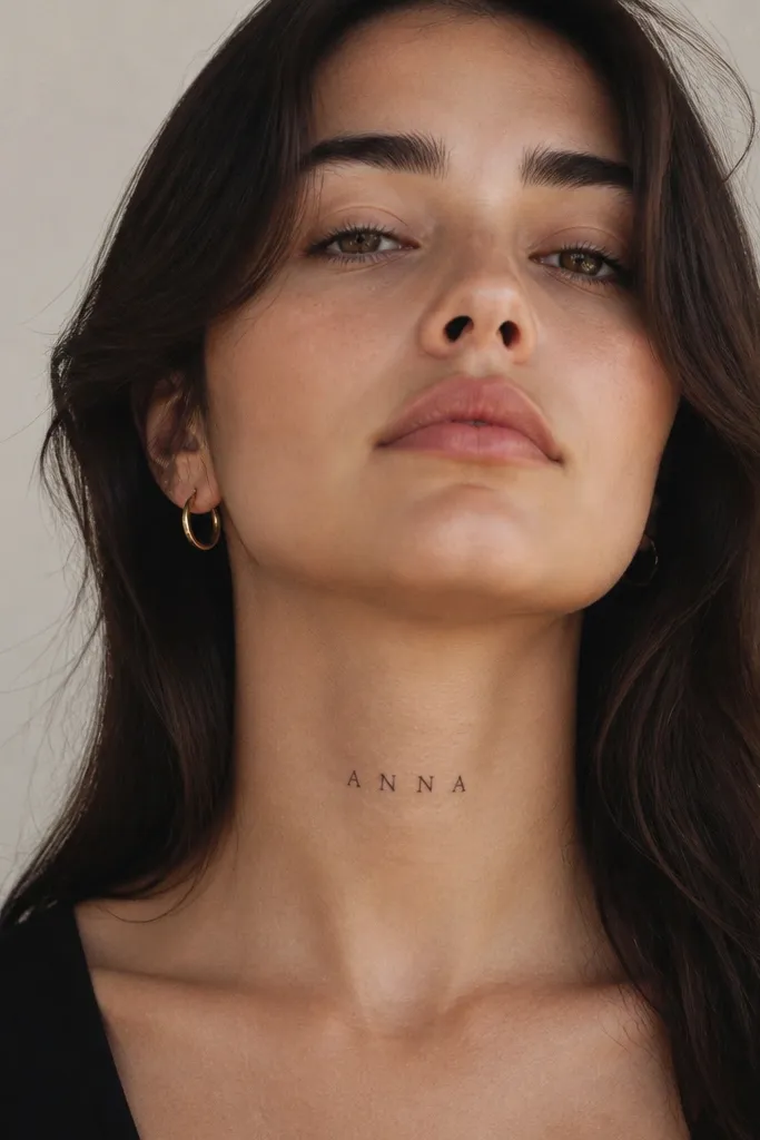 A minimal serif name tattooed on the front lower neck, centered. Letters are spaced evenly with small serifs. Black ink with crisp edges and no extra ornaments.