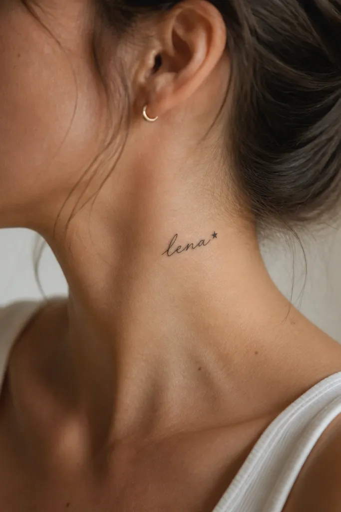 A small name on the outer side of the neck, angled slightly. At the final letter, a tiny five-point star sits close to the word. Black ink only, clean linework.