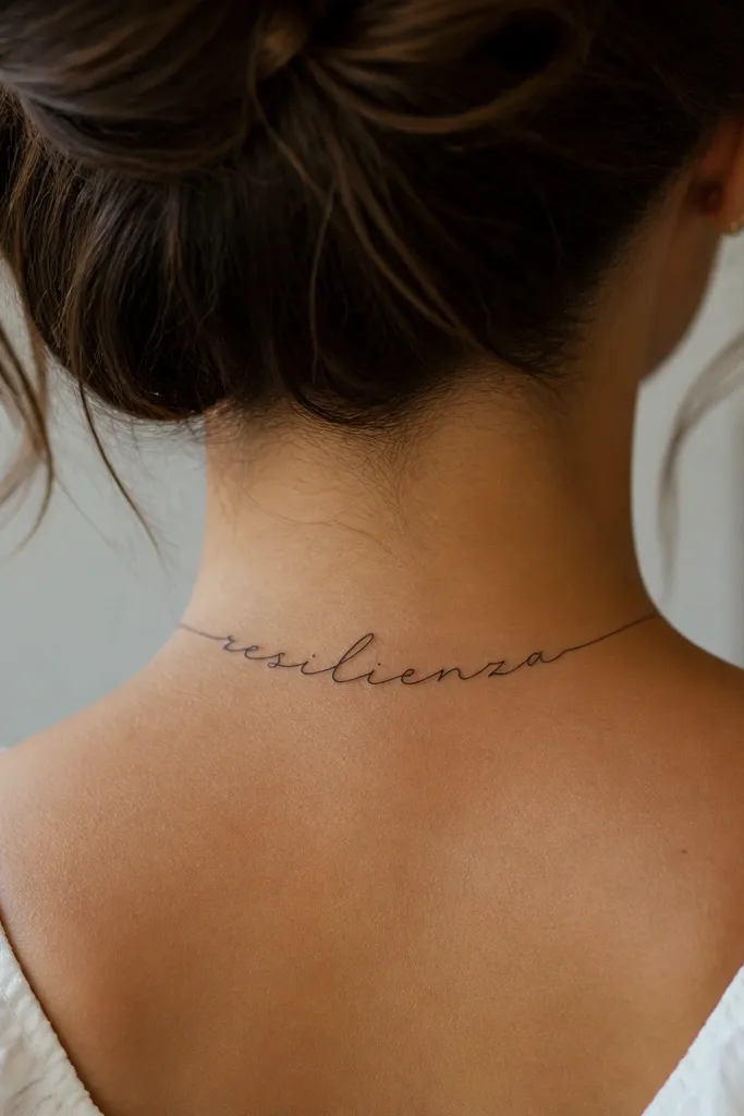 A name wrapped in a gentle sideways curve on the nape, like a thin bracelet across the back of the neck. Script is smooth with light-to-medium weight. Black ink.