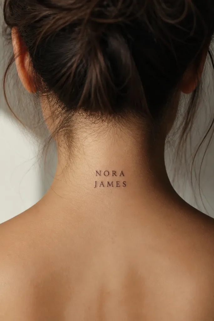 A name arranged in two short lines on the back of the neck, centered. The top line is slightly shorter and the bottom line matches width. Black ink, clean spacing.