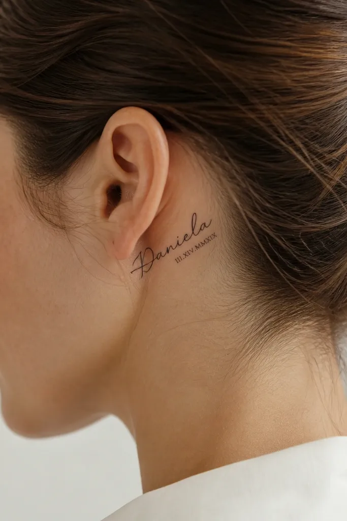 A cursive name behind the ear with a thin roman numeral date tucked underneath or beside the last letter. Black ink. Minimal linework, no shading.