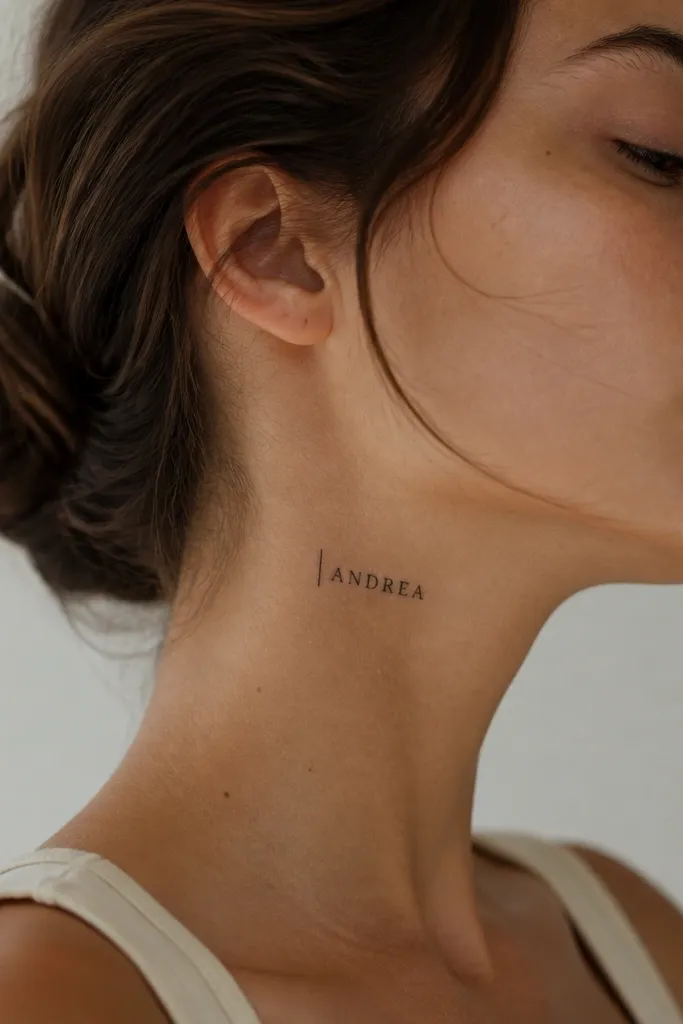 A name tattooed on the side of the neck with a single thin vertical line placed before the first letter. Letters are in small caps. Black ink.