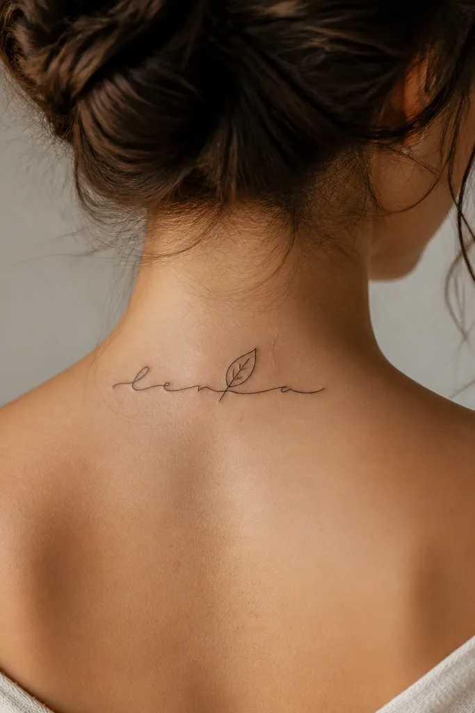 A name in cursive on the nape with a small leaf outline near the middle. Fine black line drawing, no fill. The leaf has a visible stem line.