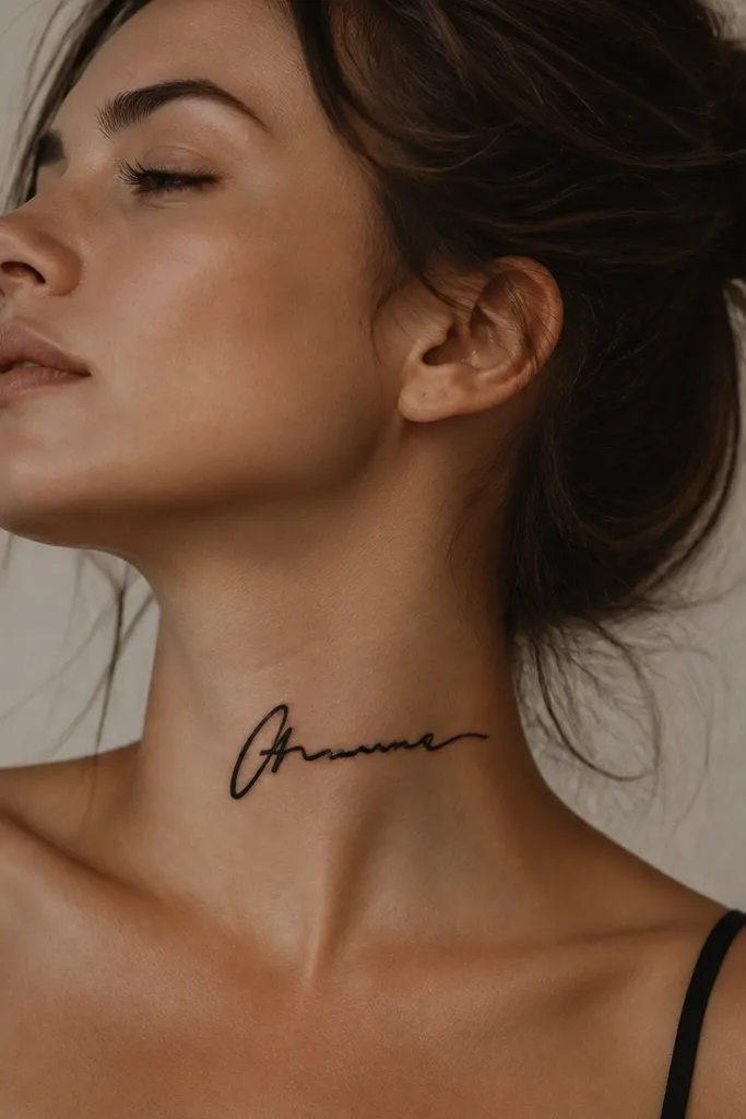 A name on the front of the neck written like a signature, smooth and continuous. It starts with a thicker downstroke and ends with a small flick. Black ink, minimal.
